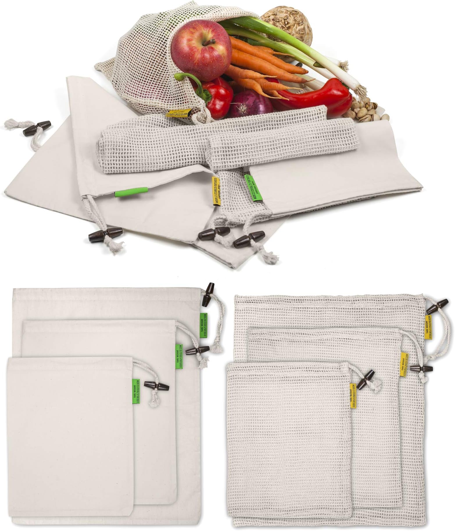 USWAY Reusable Cotton Produce Bags - Mesh & Muslin 7-Pcs Set | Durable Grocery Bags with Double Stitched Seams, Drawstrings and Tare Weights | Eco Friendly Cotton