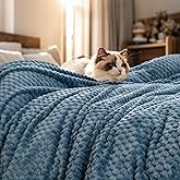 PHF Ultra Soft Flannel Fleece Blanket Queen Size, Lightweight 3D Jacquard Fleece Blanket, No Shedding, No Pilling, Luxury 340GSM Aesthetic Fluffy Cozy for Bed Room Decor, 90"x90", Denim Blue