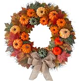HipTree 20 Inch Rustic Farmhouse Fall Pumpkins Wreath for Front Door | Artificial Wreath with Plastic Maple Leaves Burlap Bow, Halloween Thanksgiving Harvest Decor for Porch Wall Indoor Outdoor