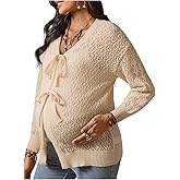 MakeMeChic Women's Maternity Fall Clothes Crochet Cardigan Sweaters Long Sleeve Tie V Neck Boho Pregnancy Tops