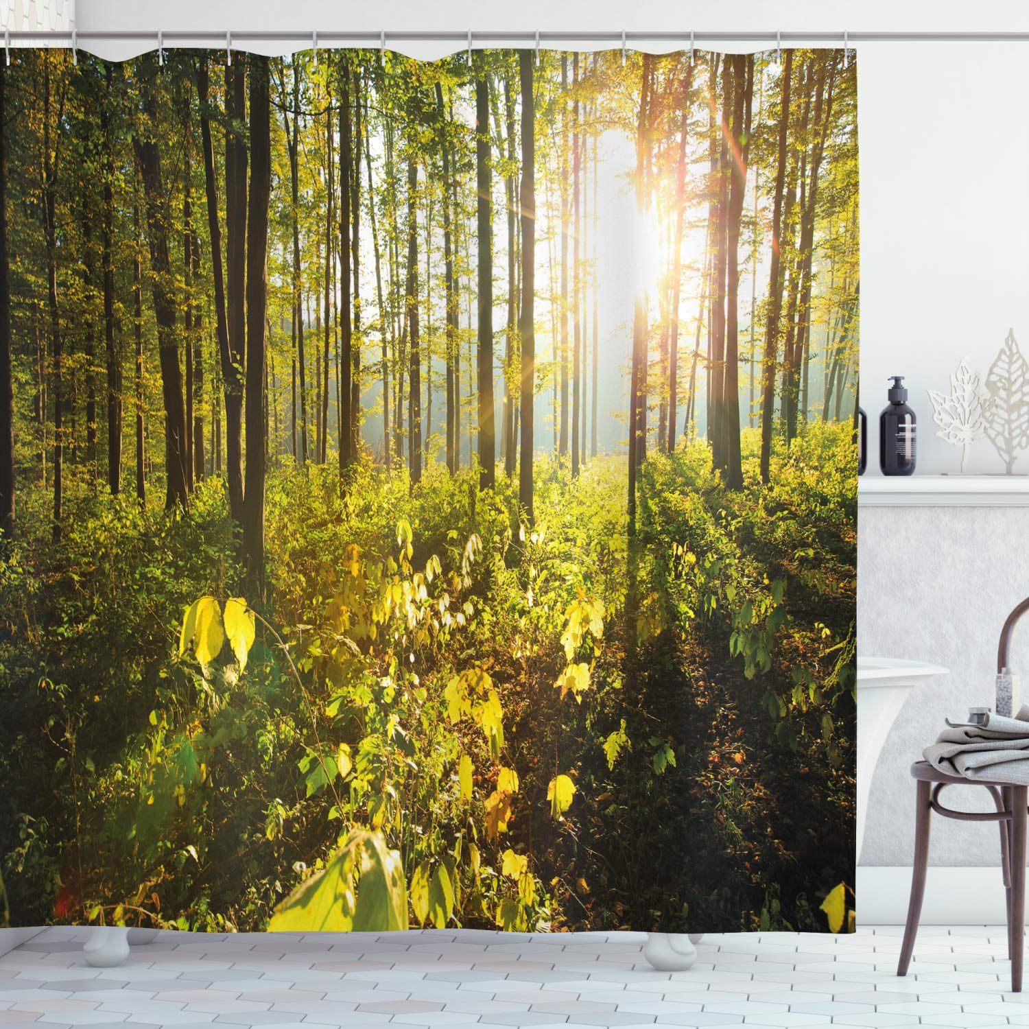 ABAKUHAUS Forest Shower Curtain, Trees Sun Rays in Woods Foliage Greenery Scenic Outdoors Tranquil Untouched, Cloth Fabric Bathroom Decor Set with Hooks, 86 Inches Extra Long, Green Yellow Brown