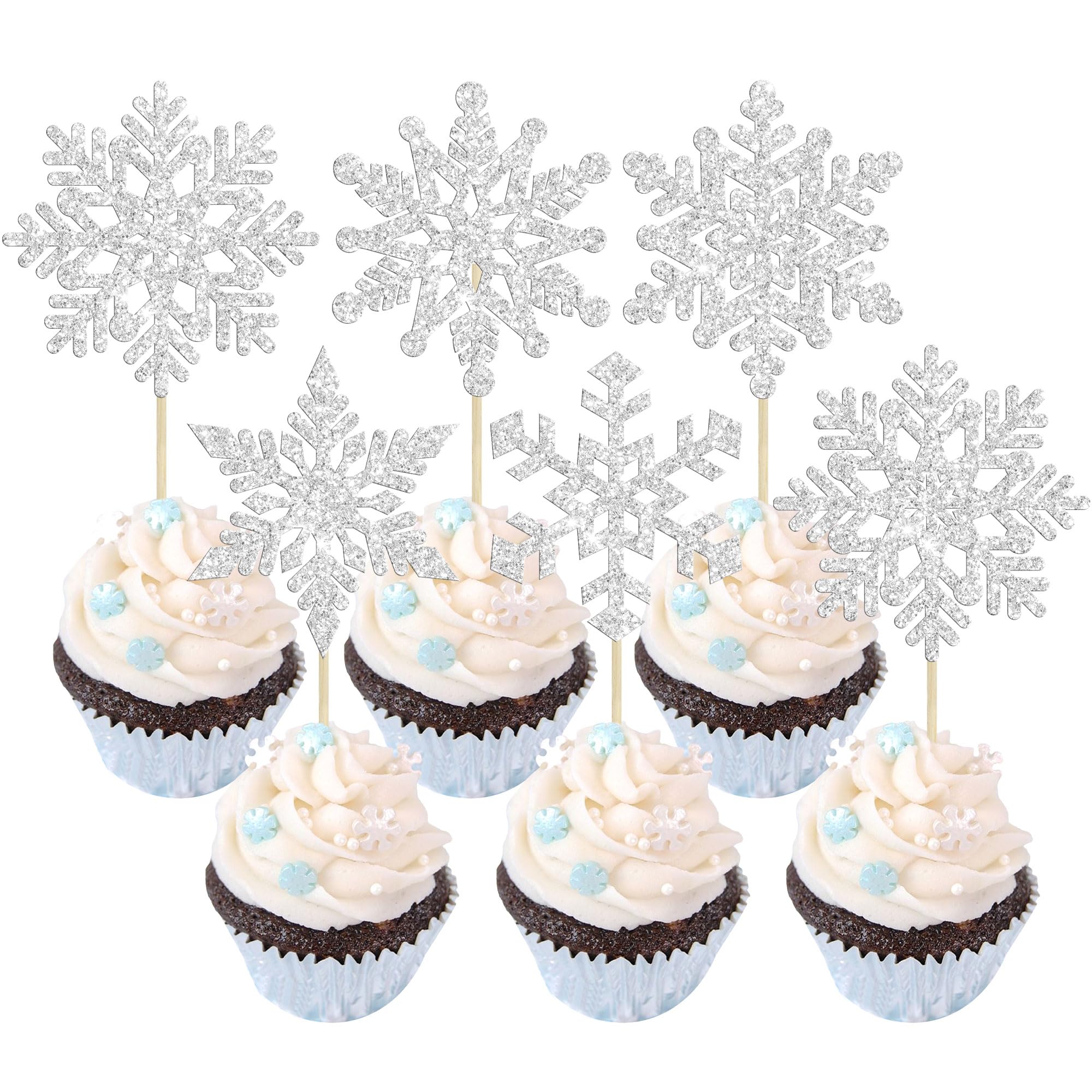 Gyufise 36 Pack Snowflake Cupcake Toppers Silver Glitter Winter Frozen Theme Cupcake Picks Baby Shower Kids Birthday Party Christmas Cake Decorations Supplies