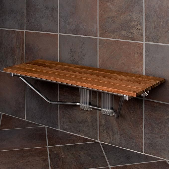 36" Double Seat Folding Shower Bench Modern Finished Teak Wood Chrome