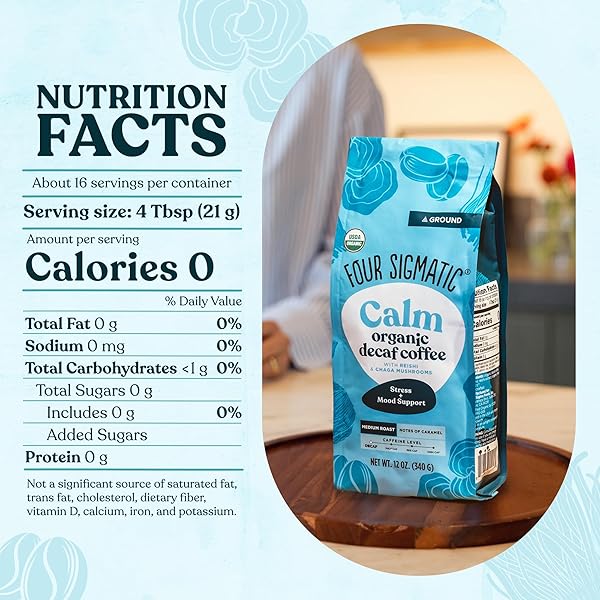 FOUR SIGMATIC CALM ORGANIC DECAF GROUND COFFEE | SWISS WATER DECAF COFFEE WITH CHAGA & REISHI MUSHROOM EXTRACTS | 12OZ BAG