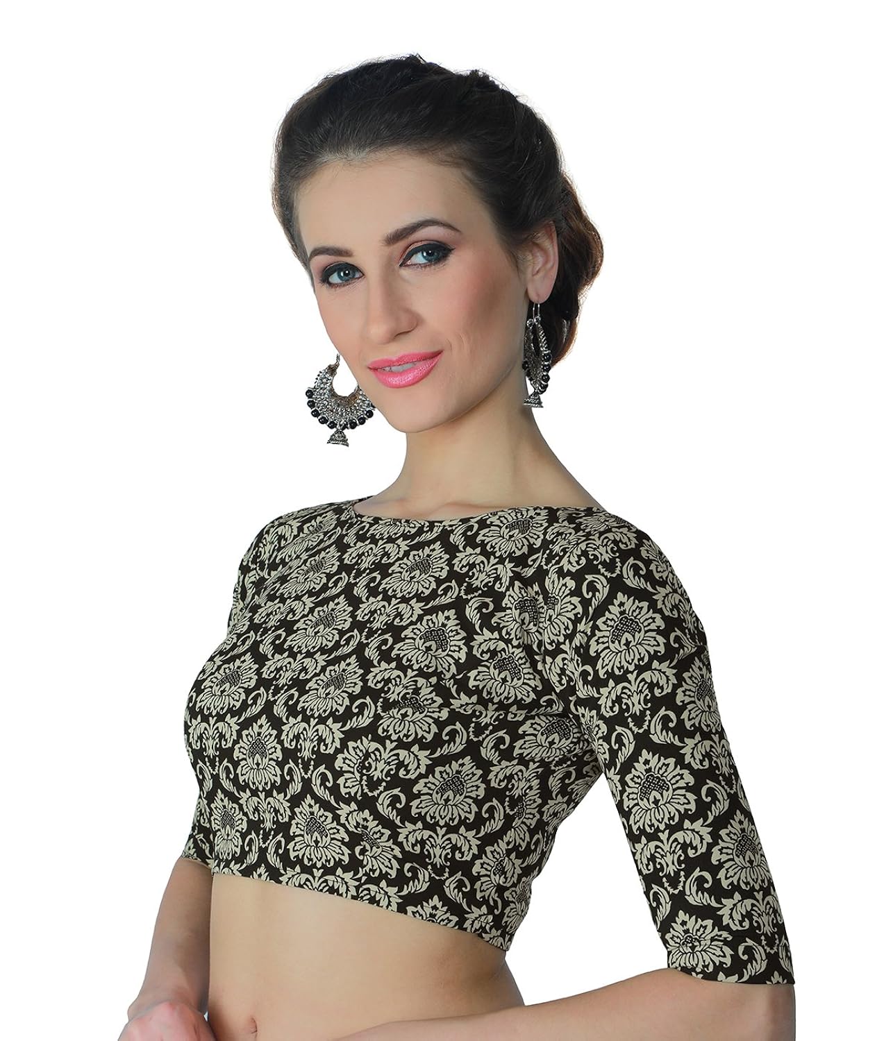 studio shringaar women's moghul print readymade saree blouse with elbow length sleeves