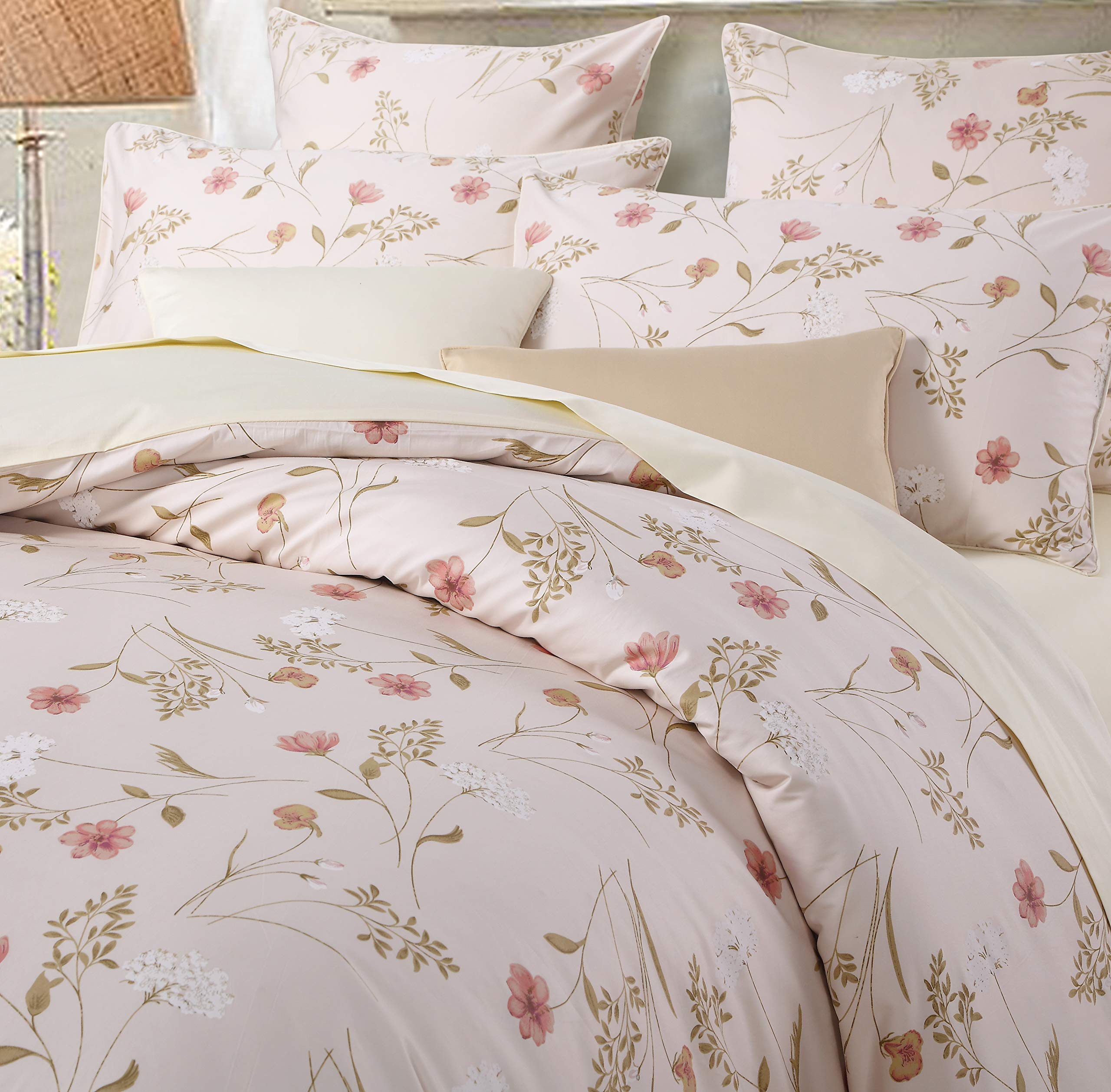 USTIDE Rustic Beige Floral Duvet Cover Set 3Pcs Quilt Cover Set with 2 Pillow Cases All Season Duvet Set,Double Size