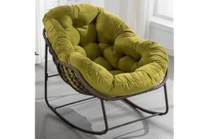 Villeston Outdoor Papasan Rocking Chair - Oversized Comfy Patio Chair Indoor Egg Royal Rattan Rocking Chair with Cushion for Front Porch Lounge Lawn Bedroom Living Room (Green Velvet)