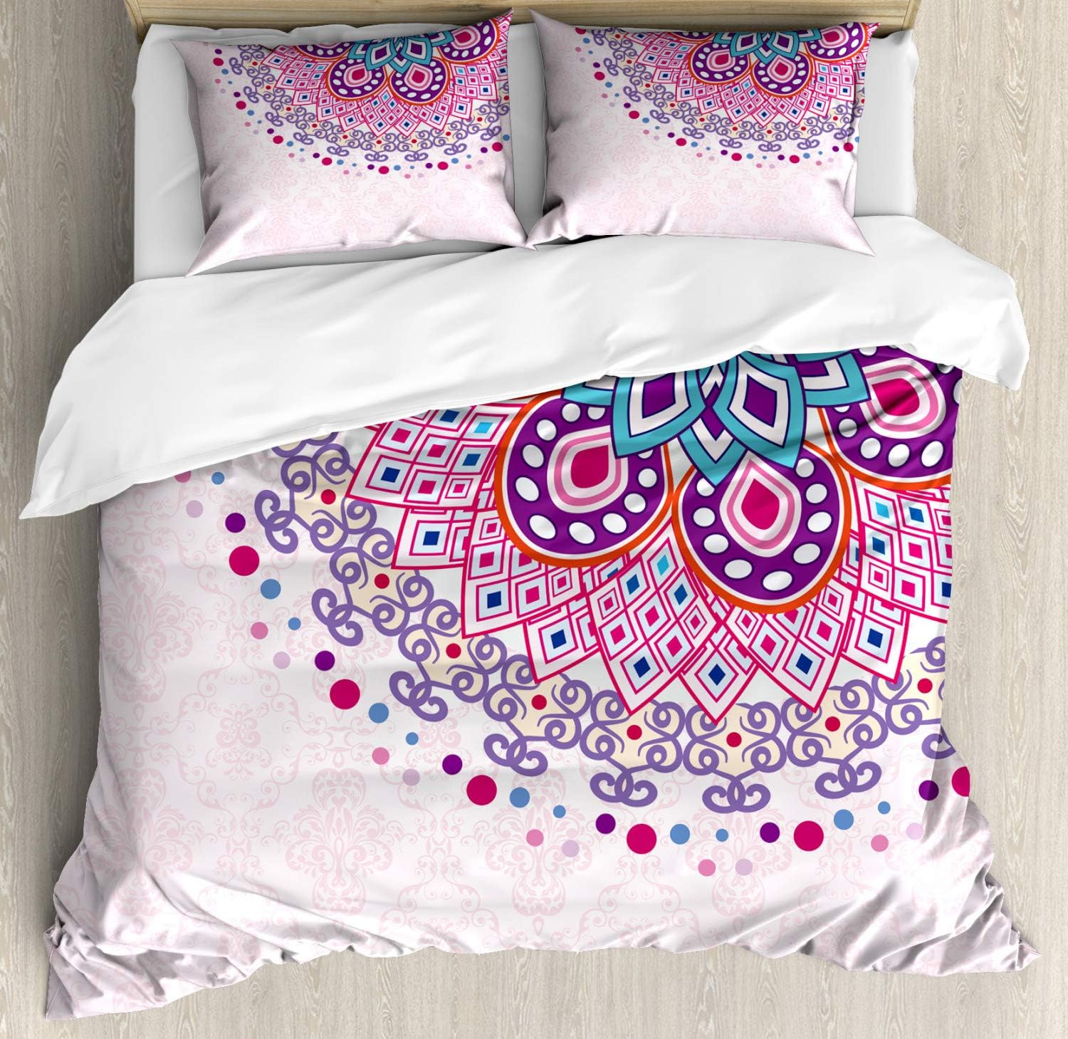 Ambesonne Mandala Duvet Cover Set, Ornamental Meditation Boho Style Print, Decorative 3 Piece Bedding Set with 2 Pillow Shams, Queen Size, Pink Purple
