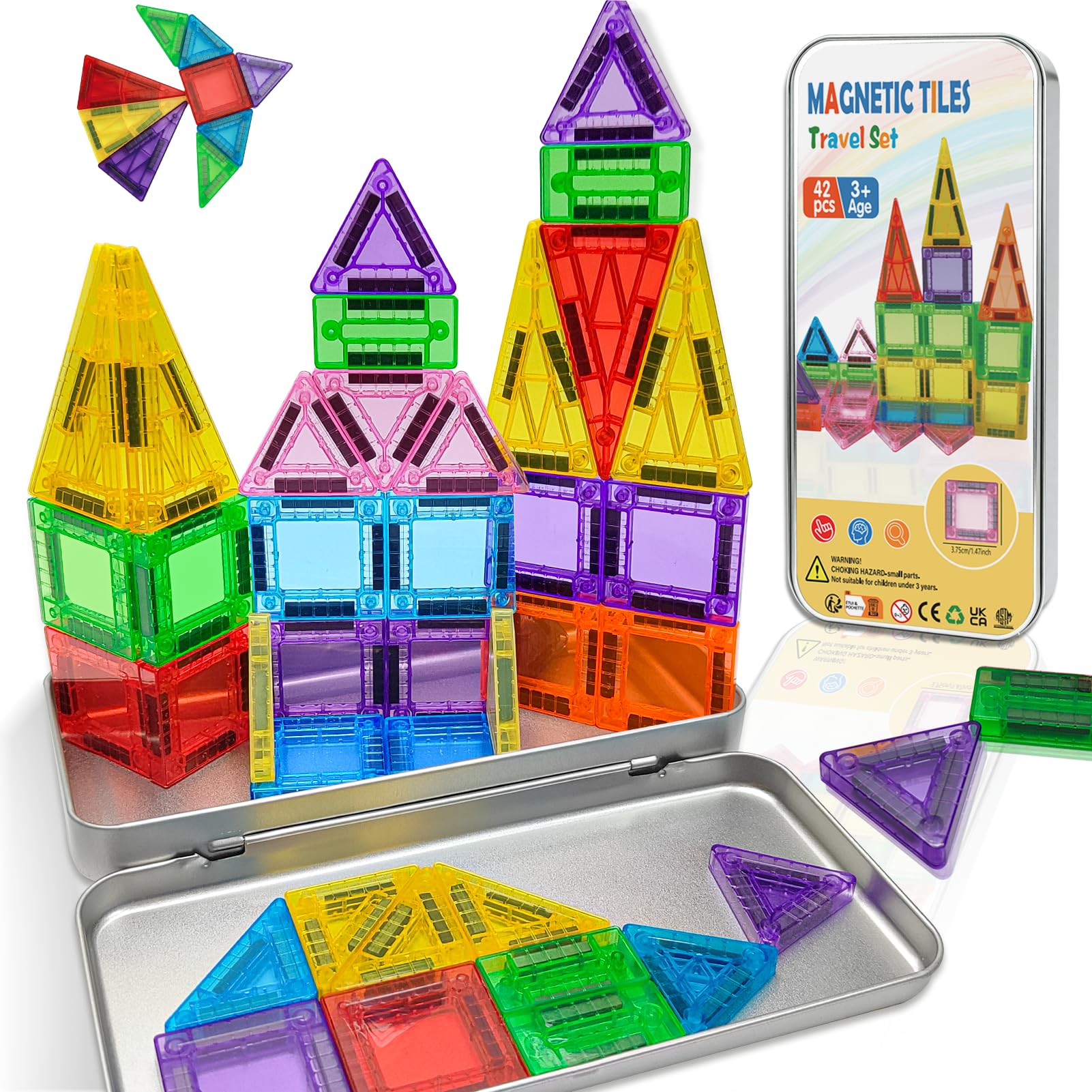 Mini Magnetic Tiles Travel Set 42PCS Airplane Travel Activities Games for Kids Educational Magnet Building Blocks Toys for 3+ Year Old Boys Girls with Storage Tin Toddlers Christmas Birthday Gifts