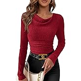 PRETTYGARDEN Women's Long Sleeve Cowl Neck Ribbed Knit Spring Shirts Slim Fit Ruched Going Out Crop Tops Basic T-Shirts