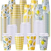 Jingmore 100 Pcs Lemon Disposable Coffee Cups with Lids 12 oz Yellow Lemon Paper Drinking Cup for Lemonade Stand Supplies Summer Party Hot Cold Beverage Water Juice