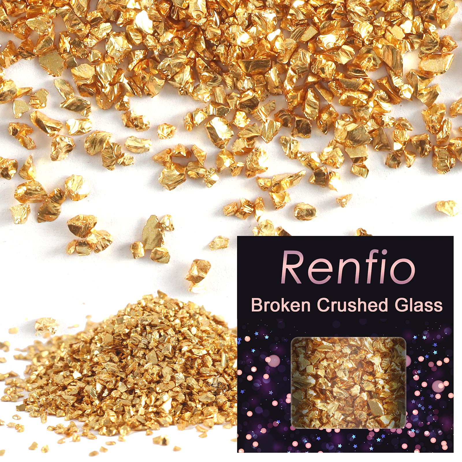 Renfio Broken Crushed Glass Glitter Shards Crush 2-4mm Irregular Small Metallic Chunky Chips 3.5 Oz (100g) High Luster Craft Sequins Gravel for DIY Phone Case Geode Resin Art Coasters Ornament - Gold