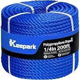 Keepark Twisted Polypropylene Utility Rope - 1/4 Inch Rope 50FT/100FT/200FT in Yellow &amp; Blue, Heavy Duty Utility Poly Ropes for Marine, Boat Mooring &amp; Outdoor, UV &amp; Water Resistant, High Visibility