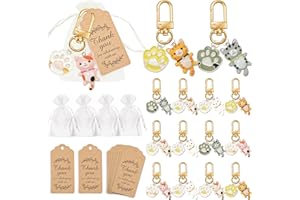 BANBALLON 12 Pack Cat Party Favors, Cute Hanging Keychain Decoration With Organza Bags, Thank You Kraft Tags for Classroom Prizes, Themed Birthday Party Gifts