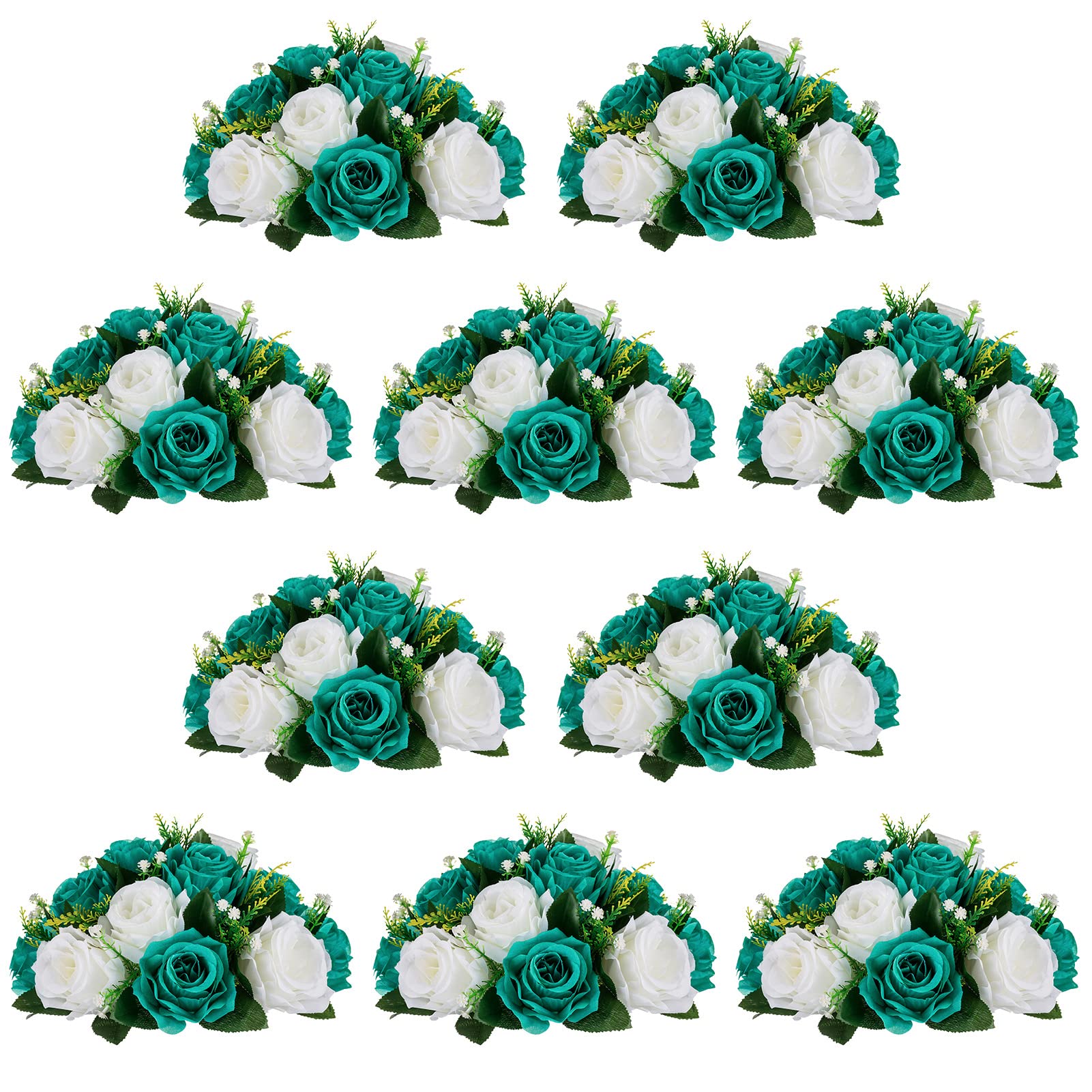 NUPTIO Flower Wedding Centrepieces for Tables - 10 Pcs 9.5in Diameter Teal & White Artificial Flowers Rose Ball for Centerpieces Table - Fake Rose Arrangements for Weddings Birthday Party Decorations Image