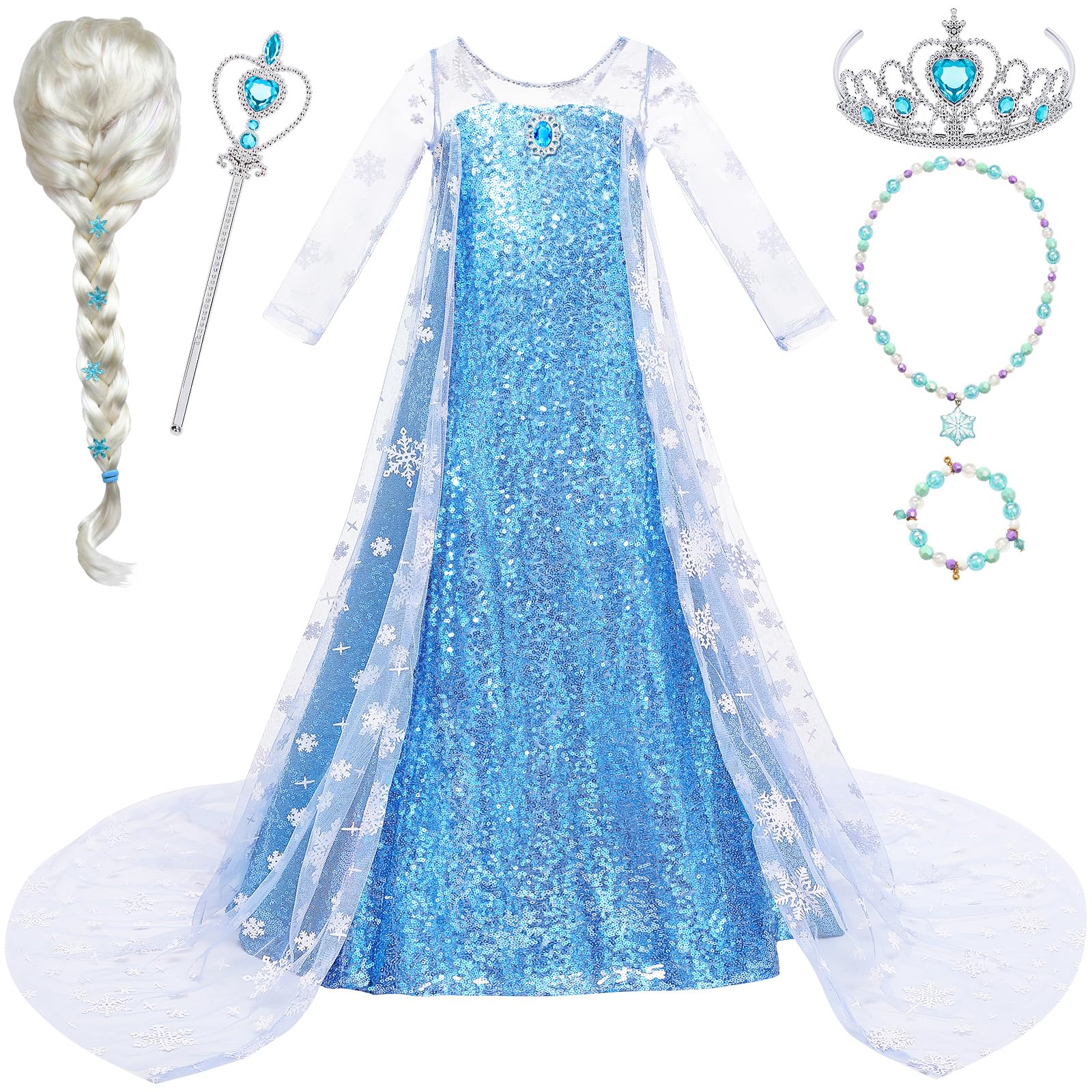 Photo 1 of G.C Girls Princess Dress Costume with Wig Cape Toddler Princess Dress Up Outfit Kids Crown Jewelry Halloween Cosplay Birthday Gifts