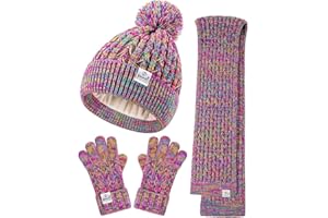 SENPUKI Kids Winter Hat Gloves Scarf Set,Girls Toddler Winter Hat Beanie with Pom Neck Warmer Gaiter Mittens Fleece Lined Set