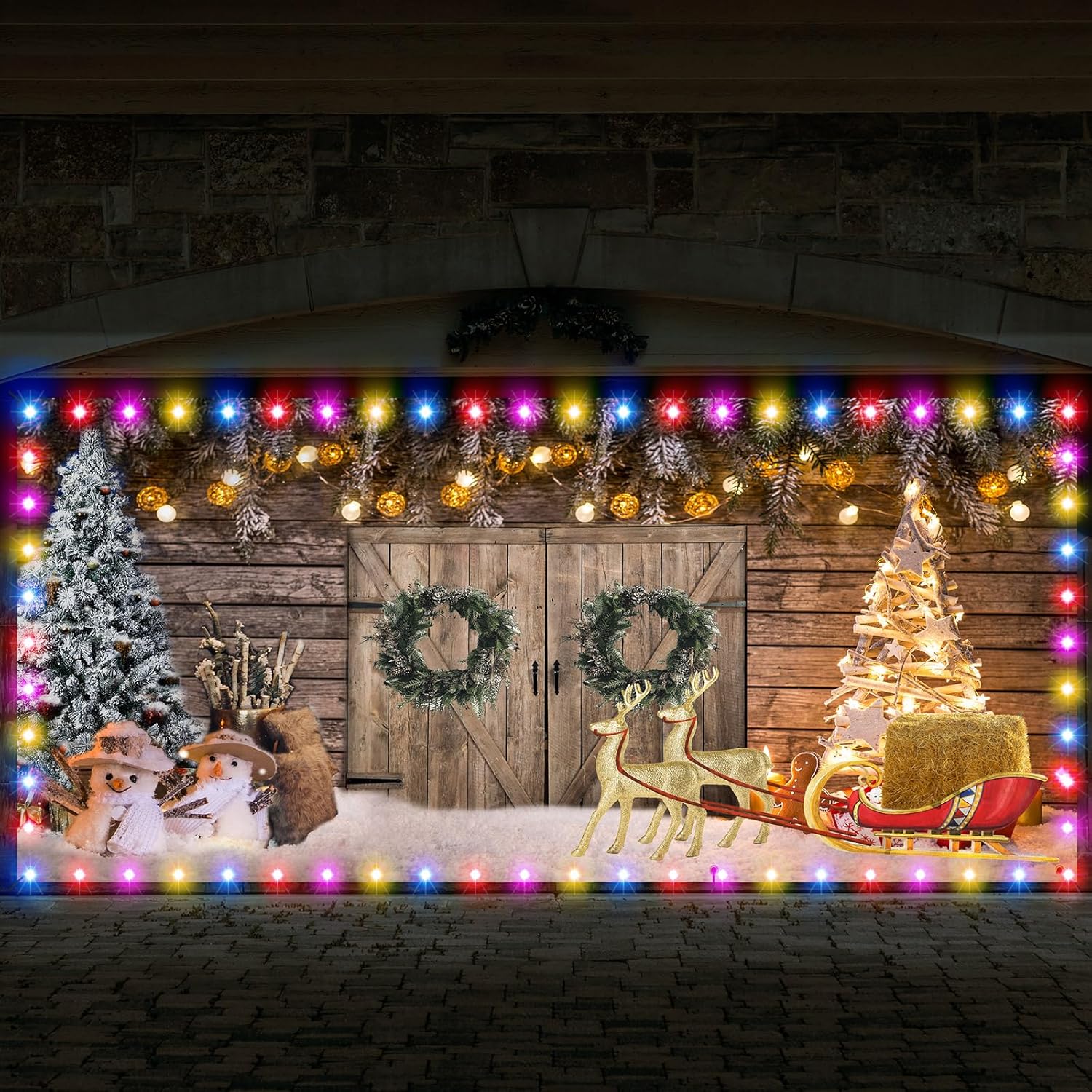 Garage Door Decorations - 7 x 16 ft Christmas Barn Garage Door Banner Large Christmas Backdrop Decor with LED String Lights Christmas Door Decorations Holiday Vinyl Cover Garage Banner for Outdoor Christmas Garage Door
