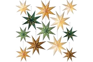 Cinnvoice 12 Pcs Christmas Paper Star Lantern 7/8/9 Points Sage Green Hanging Ornament 3D Neutral Star Lantern with String Light 12 and 17.72 Inch Hollow Lampshade for Xmas Party Decor(8 Pointed)