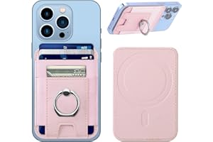 coolodd for Magsafe Wallet with Secure-Grip Finger Loop, Strongest Magnetic Leather Wallet Card Holder for iPhone 15/14/13/12 Series, Magnetic Phone Wallet, Fit 6 Cards, RFID Blocking Light Pink