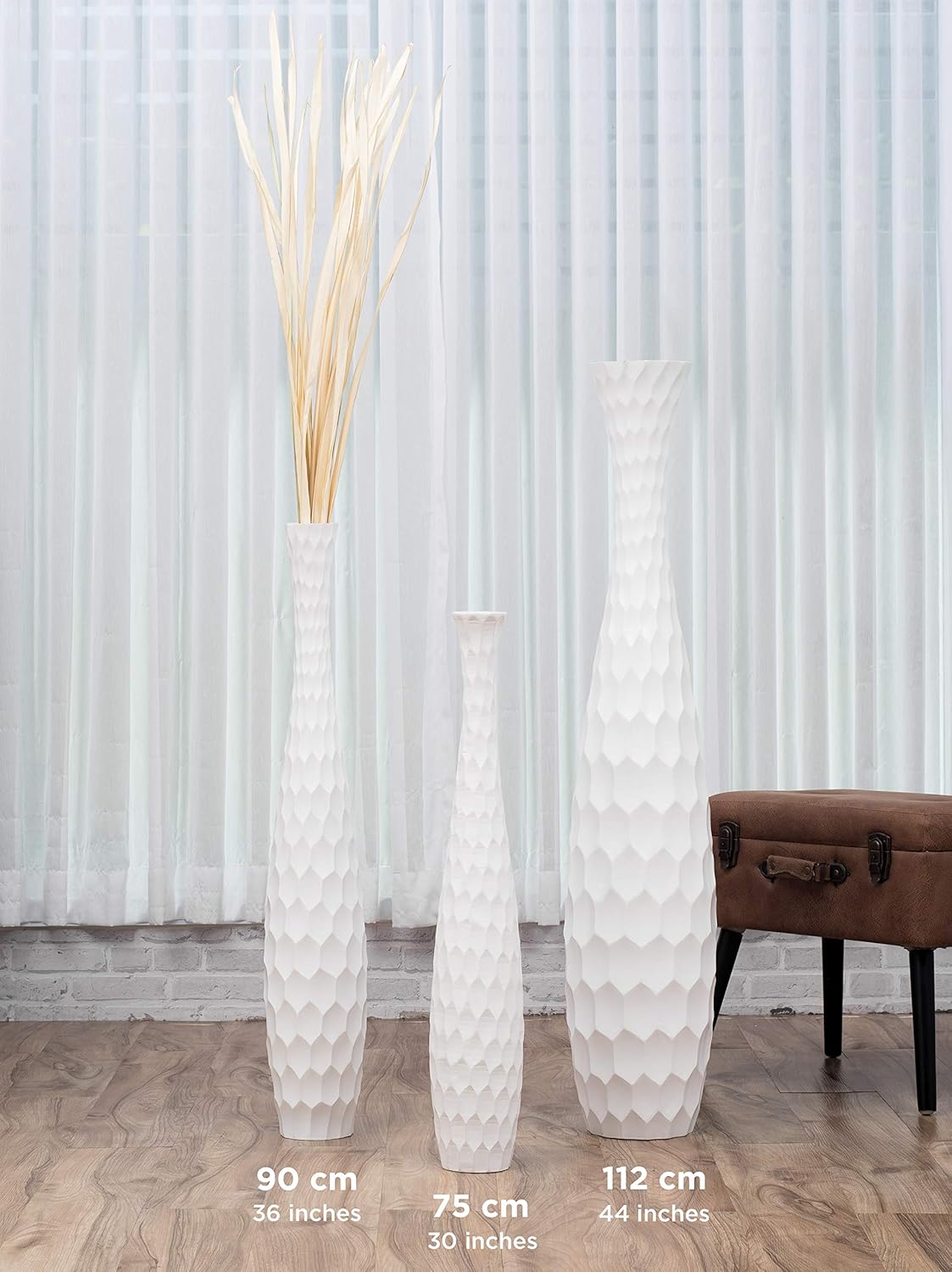 Leewadee Tall Big Floor Standing Vase for Home Decor 30 inches, Mango Wood, White: Kitchen & Dining