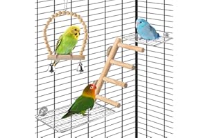 DBNESS 4Pcs Bird Perches Toys, Stainless Steel Perch Platform (2 Sizes), Natural Wood Parrot Climbing Ladder & Swing with Bell, Play Gym Cage Accessories for Budgie Cockatiel Lovebird Canary Conure