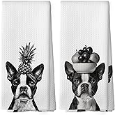 Mcehtle Funny Boston Terrier Dog Kitchen Towels Set of 2, Funny Dog Kitchen Decor, Dogs Gifts for Women Men Hand Towel, Black and White Pet Owner Gift Decorative Tea Towels Dish Towel 16x24 Inch