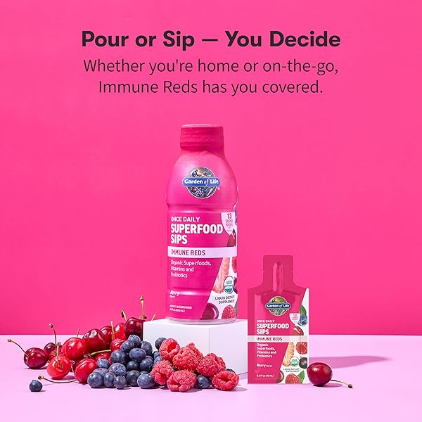 GARDEN OF LIFE SUPERFOODS SIPS, 30 SERVINGS, VITAMINS, PROBIOTICS, 13 ORGANIC SUPERFOODS, FUNCTIONAL MUSHROOMS, IMMUNE REDS, ONCE DAILY, ORGANIC, VEGAN, PRESERVATIVE-FREE, BERRY FLAVOR