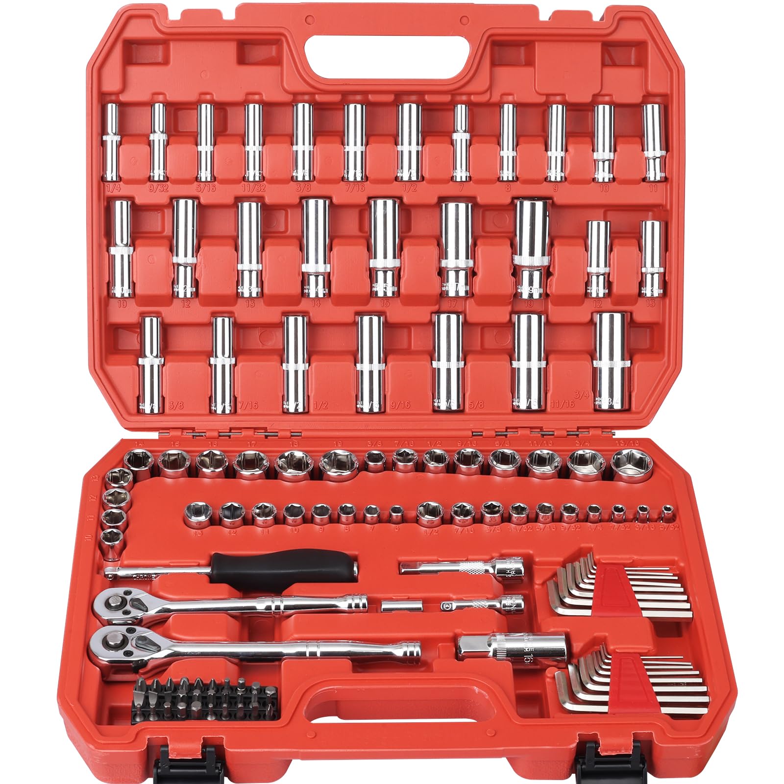 Photo 1 of 117 Pieces 1/4 and 3/8 inch Drive Socket Ratchet Wrench Set, Metric/SAE Size, with Bit Socket Set and Extension Bar for Auto Repairing and Household, with Storage Case