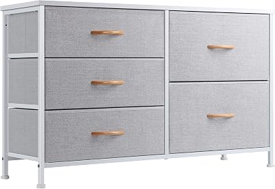 Nicehill Tall Chest of Drawers Fabric Dresser 5 Drawers Grey White