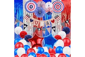 HOLIWOER 4th of July Party Decorations, Fourth of July Red White and Blue Decorations Decor Fringe Curtain, LOVE USA Banner American Flag, Paper Fans, Pom Poms, Balloons for Fourth of July Decor Party Supplies