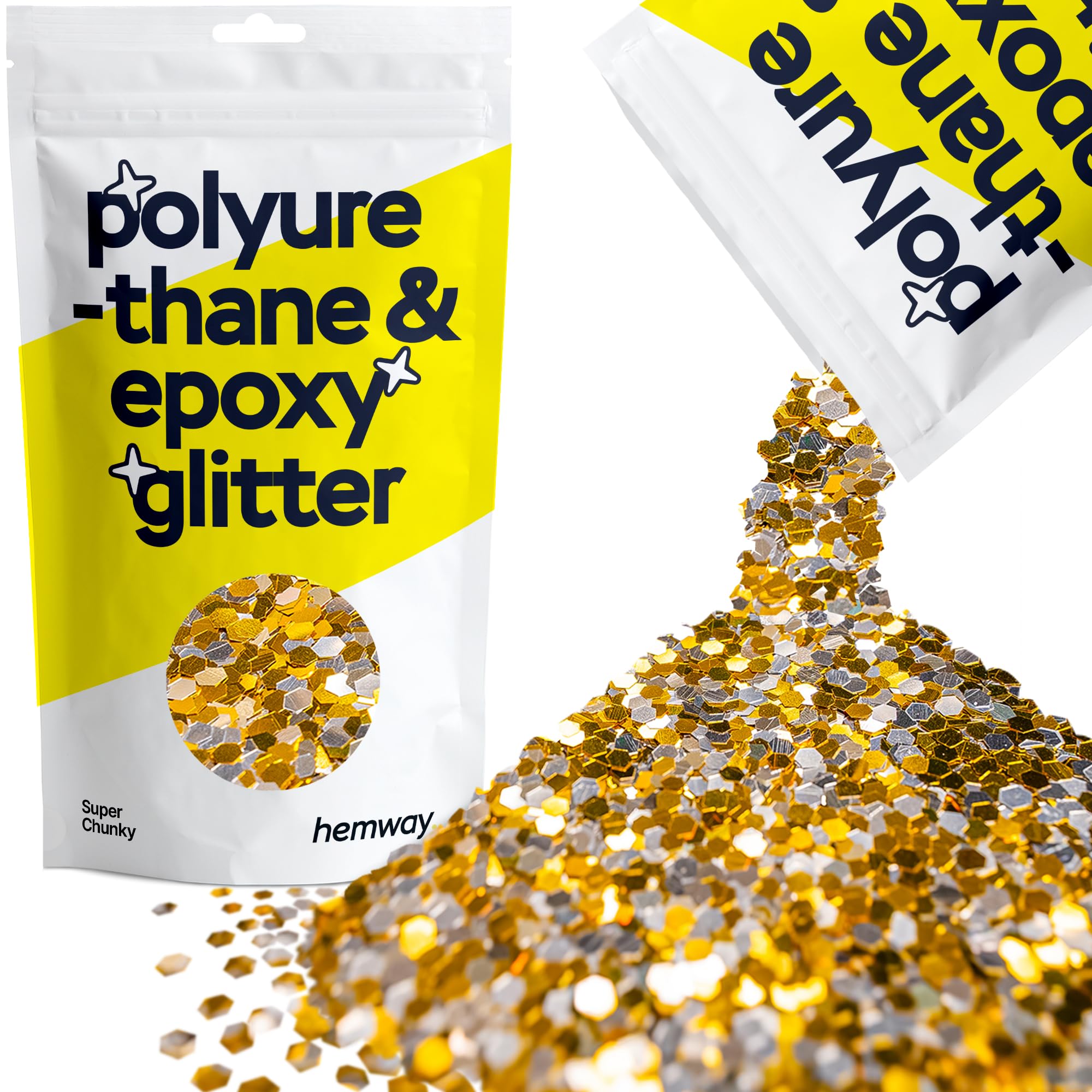 Hemway Resin Glitter Gold Silver 100g Super Chunky | Polyurethane & Epoxy Glitter for Resin Crafts, Tumblers, Coasters, Floor & Table Art