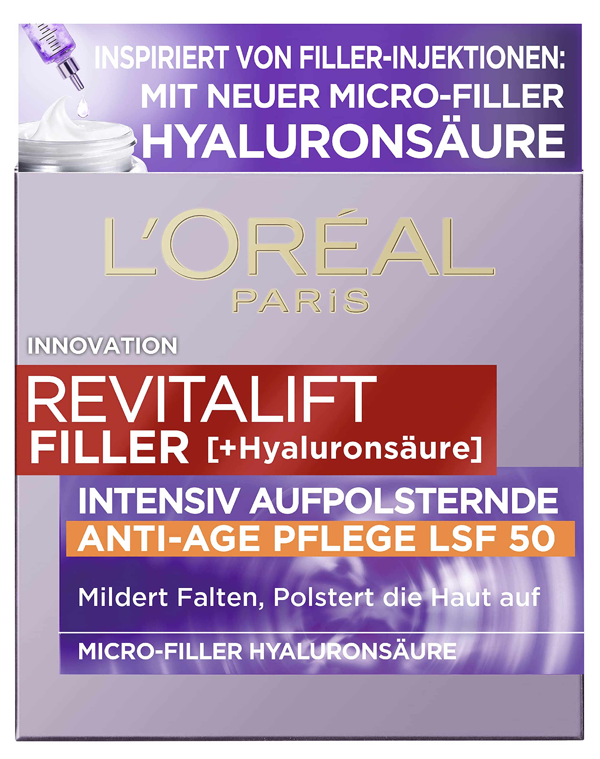 L'Oréal Paris Revitalift Filler, Hyaluronic Day Cream with SPF 50, Anti-Ageing Face Care with Micro-Filler Hyaluronic Acid for Moisturising and Anti-Wrinkle Effect, 50 x 1 ml