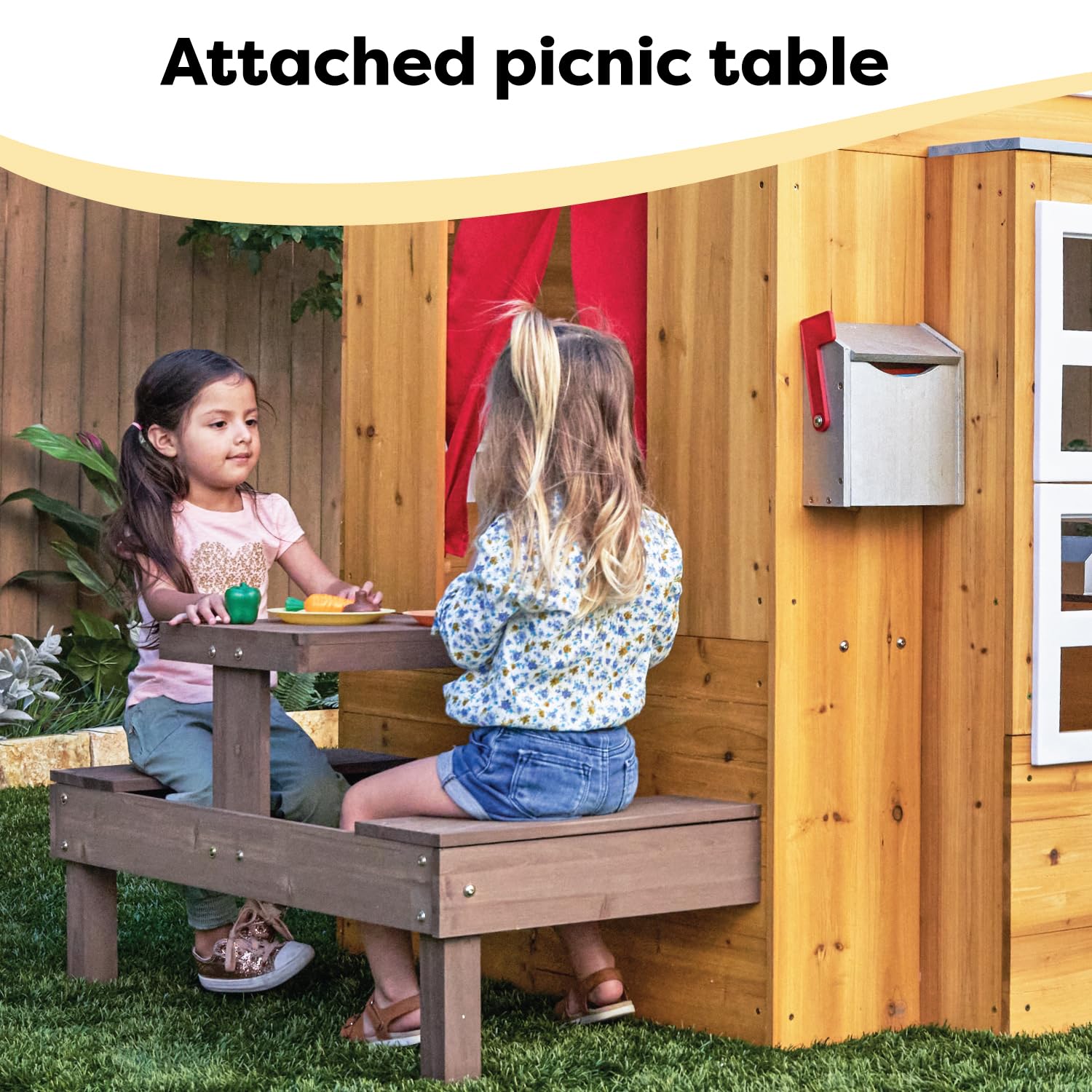 KidKraft Modern Outdoor Wooden Playhouse with Picnic Table, Mailbox and Outdoor Grill ,Gift for Ages 3+