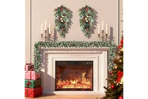 Glitzhome 2Pcs Christmas Bell Teardrop Swag, Faux Berries and Pinecone Ornament, 26" H Pine Branches Door Swag Garlands for Xmas Wall Outdoor Indoor Decor