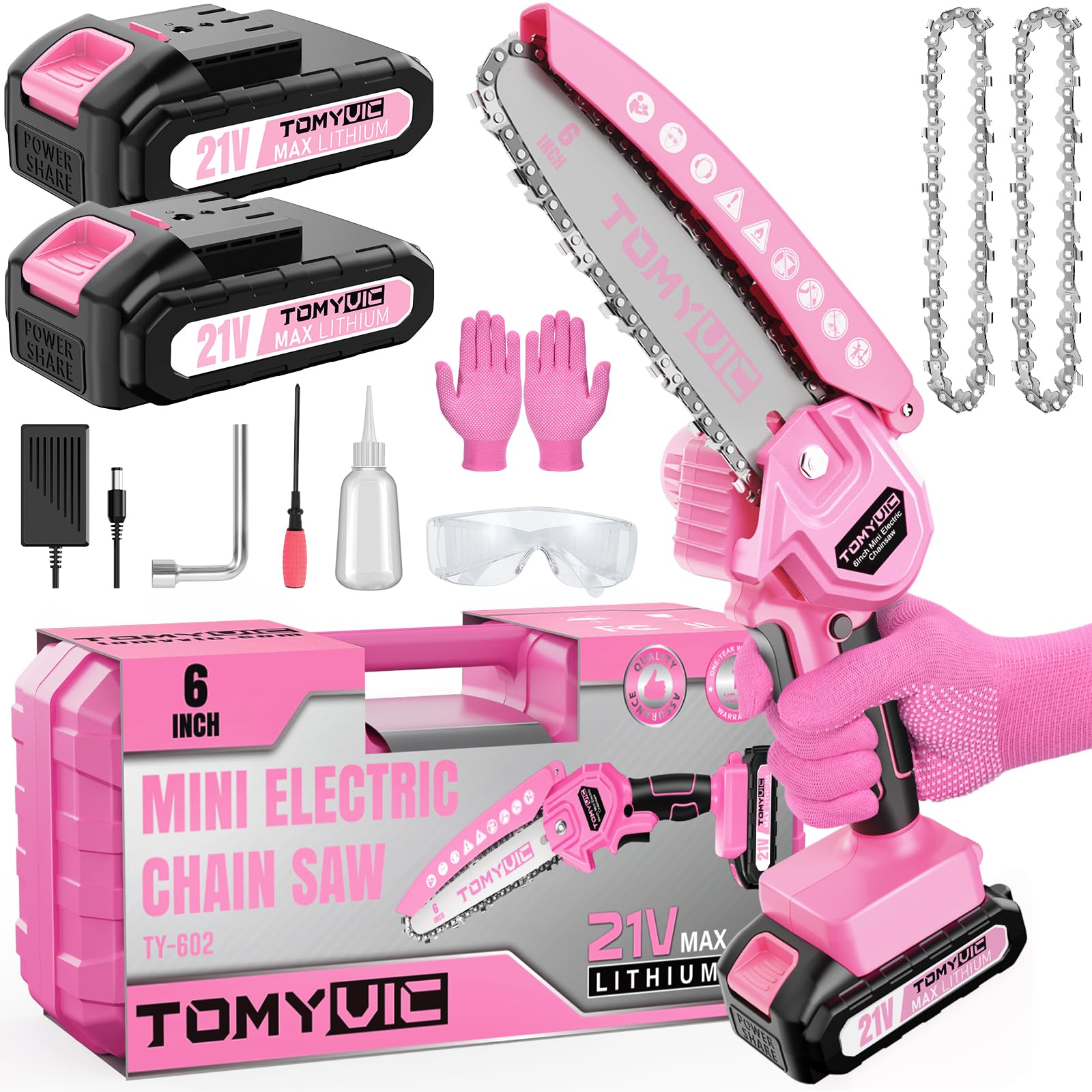 Photo 1 of Mini Chainsaw 6-Inch Battery Powered - Pink Cordless Electric Handheld Chainsaw with 2 Rechargeable Batteries - 21V Small Power Chain Saws Battery Operated for Tree Trimming Wood Cutting