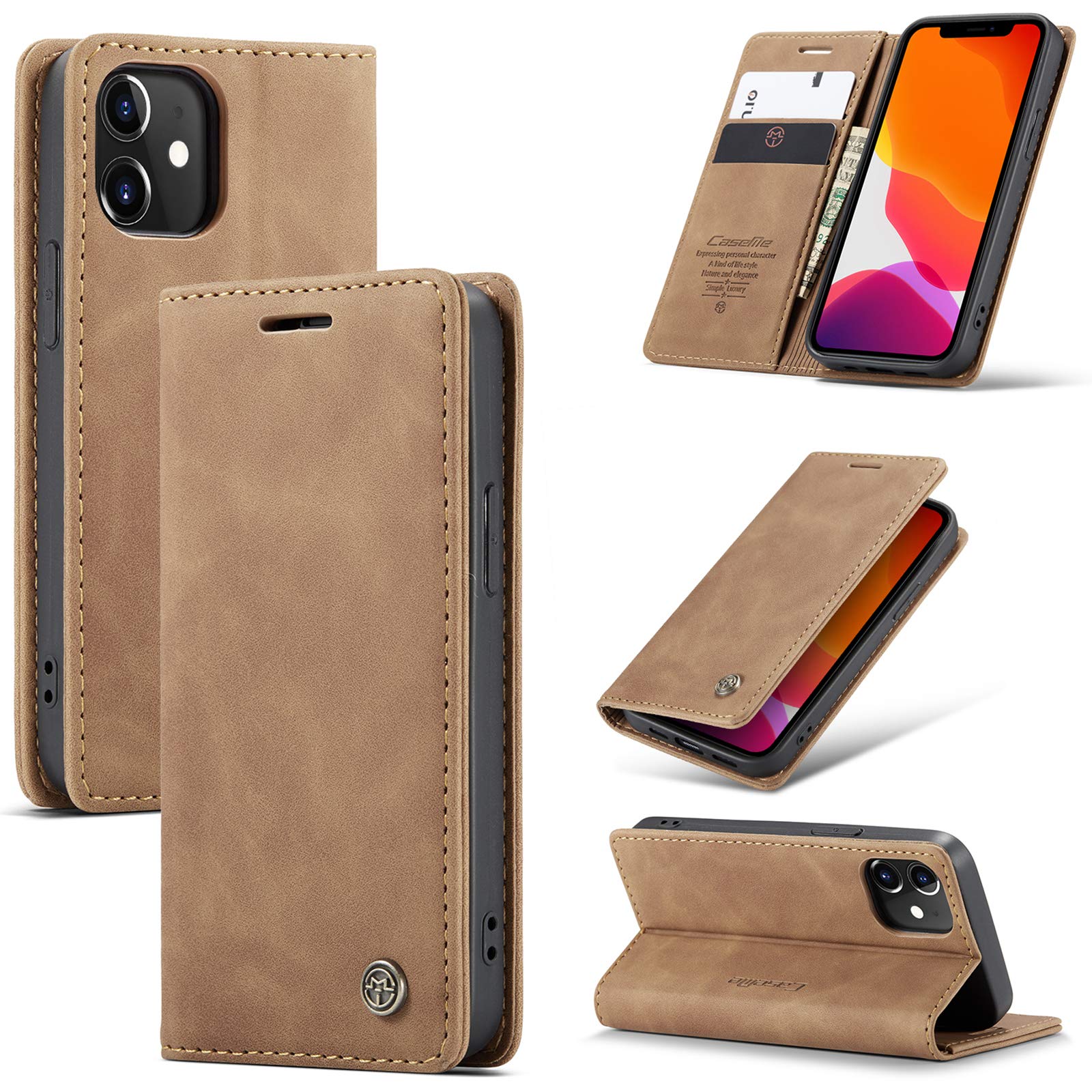 UFinetech Case for iPhone 12, Shockproof Anti-scratch Cover Compatible with iPhone 12 (6.1”), Leather TPU Slim Soft Flip Folio Magnetic Closure Kickstand Card Holder Wallet Camera Protector, Brown — image 1