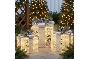 EAMBRITE White Christmas Decorations, Set of 3 Christmas Lighted Gift Boxes, 48 LED Light Up Present Boxes for Indoor Outdoor Party Yard Home Holiday Decorations (White and Silver)