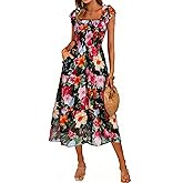 Simplee Women Floral Summer Sun Dress Flutter Sleeve Smocked Chiffon Midi Dress Casual Boho Flowy Dress with Pockets