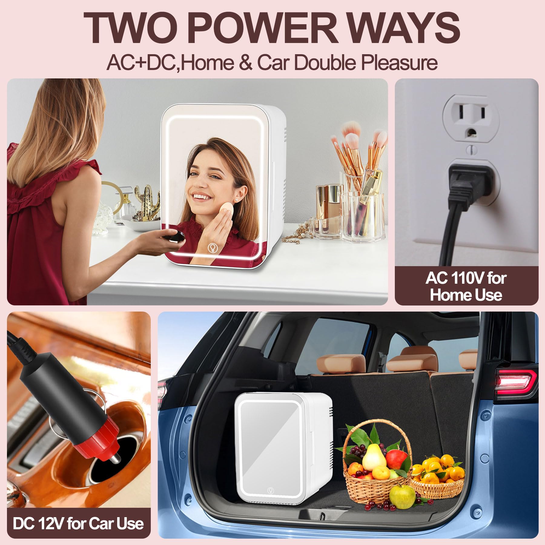 Chsuiwe Mini Fridge, Skincare Fridge With Dimmable LED Light Mirror, 4L/6 Cans Makeup Mini Fridge for Bedroom, Cooler & Warmer, AC/DC Powered Small Portable Refrigerator for Car, Office and Food-White - Image 6