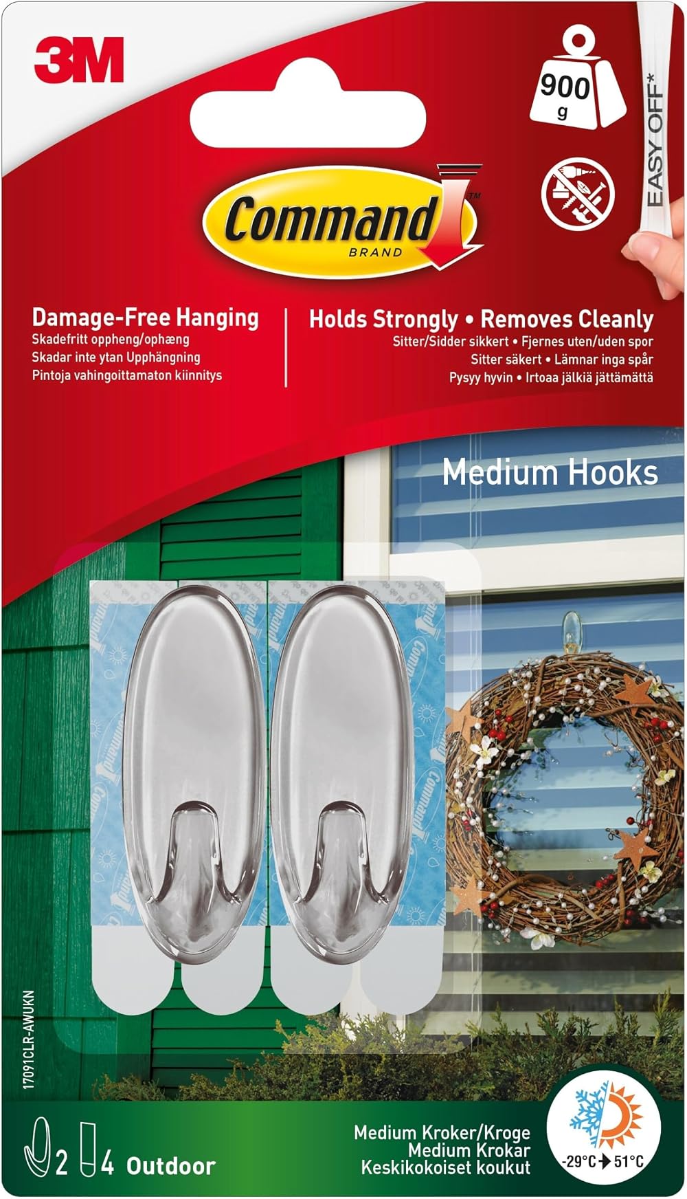Command Clear Medium Hooks 2 Hooks + 4 Outdoor Strips 900 g Damage-Free