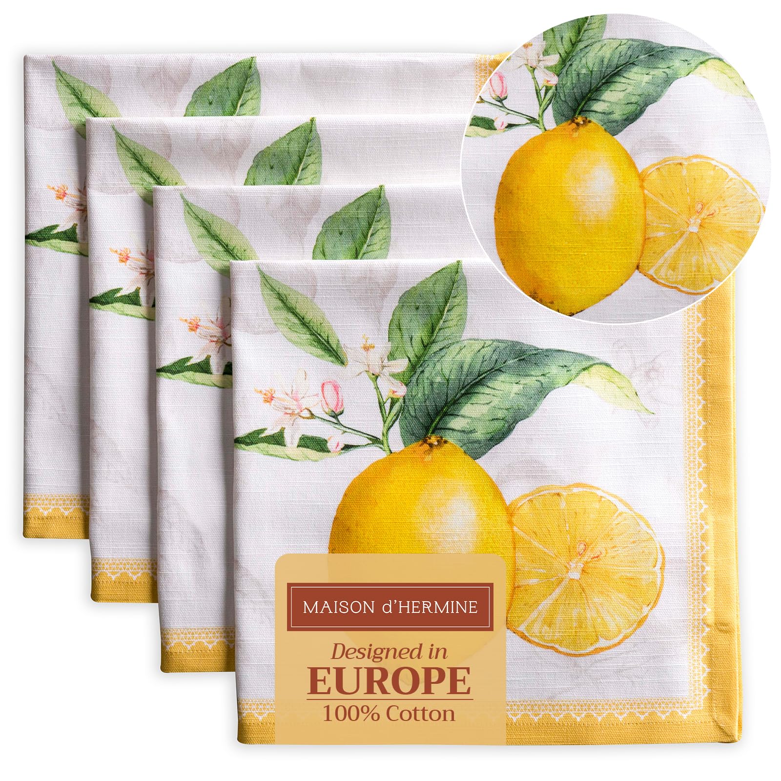 Maison d' Hermine Cloth Napkins Set of 4 100% Cotton Everyday Reusable Square Napkins Cloth Washable Dinner Party Wedding Restaurant Gifts for Mothers Day (Limoncello, 45 CM x 45 CM)