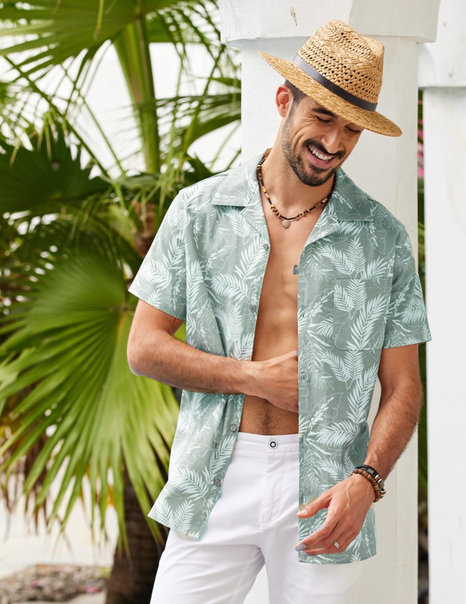 COOFANDY Hemd Herren Kurzarm Hawaiihemd Sommer Leinenhemd Casual Regular Fit Baumwolle Hawaii Hemden Graugrün L 2
