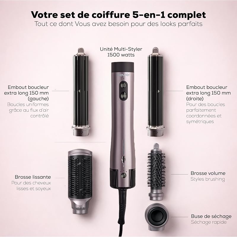 HT 110 Airstyler 5-en-1, Styler capillaire multifonction pour boucler, lisser & donner du volume, coiffage délicat pour tous les types de cheveux, céramique-tourmaline, 5 embouts
