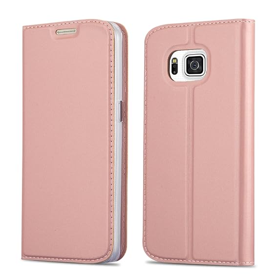 Cadorabo Hülle für Samsung Galaxy Alpha - Hülle in ROSÉ Gold – Handyhülle mit Standfunktion und Kartenfach im Metallic Look -