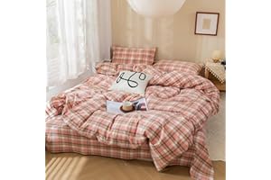 MKXI Plaid Duvet Cover Full Washed Cotton Textured Linen Look Pink Plaid Duvet Cover Girls Print Duvet Cover Geometric Pattern Cozy Breathable Duvet Cover Set