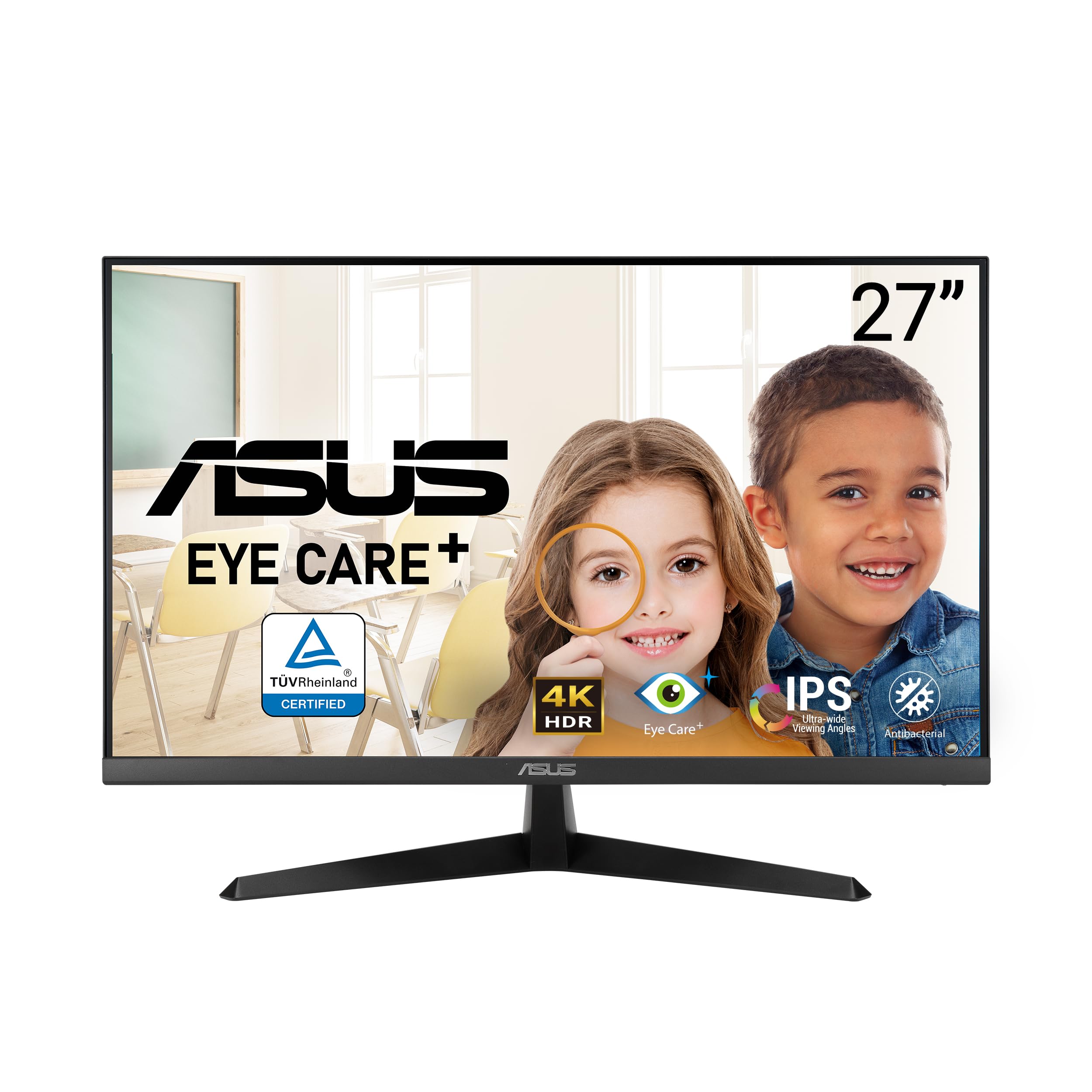 ASUS Eye Care VY27UQ - 27 Zoll 4K UHD Monitor - 60 Hz, 5ms GtG, AdaptiveSync, HDR-10, Eye Care Plus Technik, 10-bit IPS Panel, Vesa 100x100, 16:9, 3840x2160, DisplayPort, HDMI, Speaker