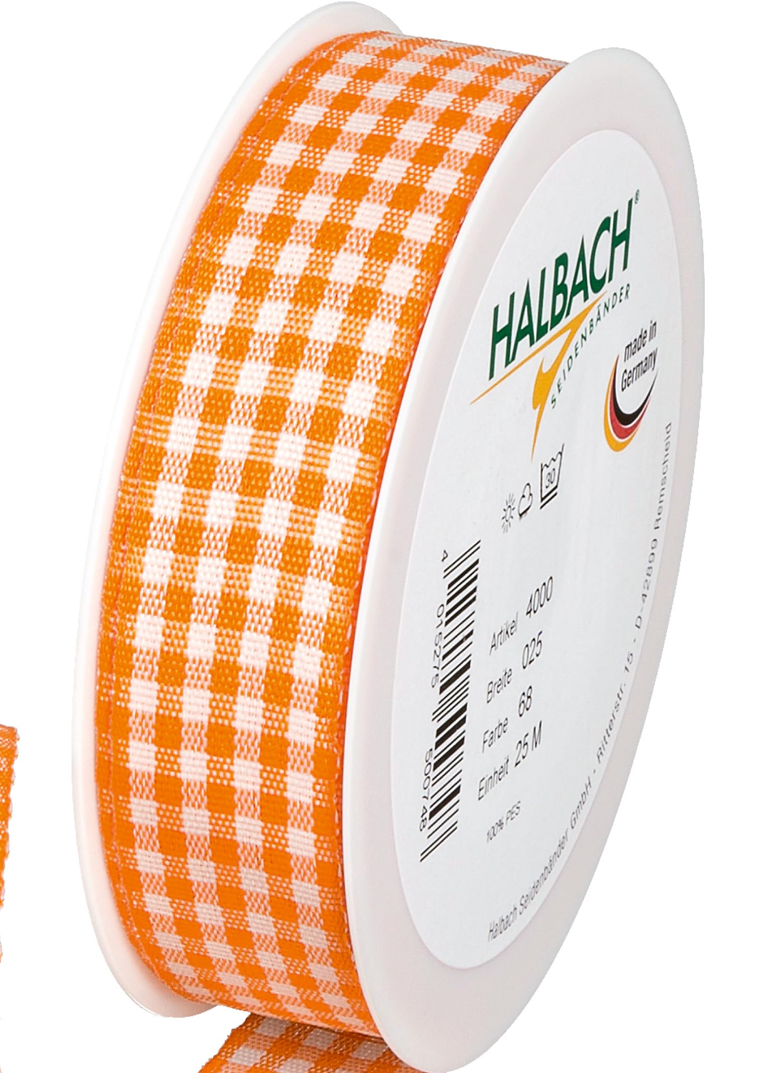Halbach Seidenbänder Premium Vichy Checked Gift Ribbon (Orange) | Width 25 mm Length 25 m | Checked Ribbon Made in Germany | Checked Ribbon in Many Colours