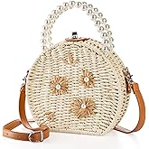 Noamus Handwoven Round Rattan Bag, 8" Straw Crossbody Bags with Adjustable Straps, Top Pearl Handle Wicker Tote Bag, Boho Summer Beach Basket Purse, Flower Woven Shoulder Bag for Women Lady