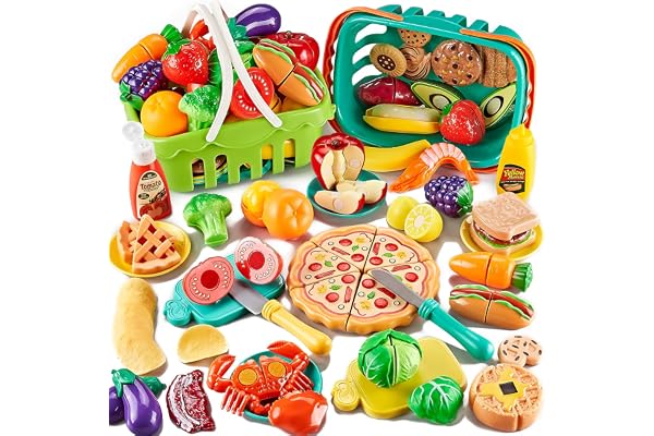 85Pcs Pretend Play Food Sets for Kids Kitchen, Cutting Toy with 2 Baskets, Fake Pizza Veggies Fruits and Dessert, Preschool E